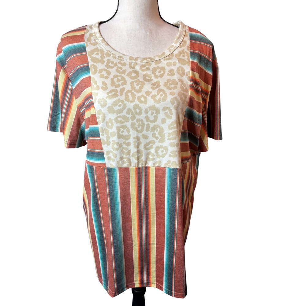 Crazy Train Womens XL Western Leopard Stripe Mixed Media Short Sleeve T-Shirt